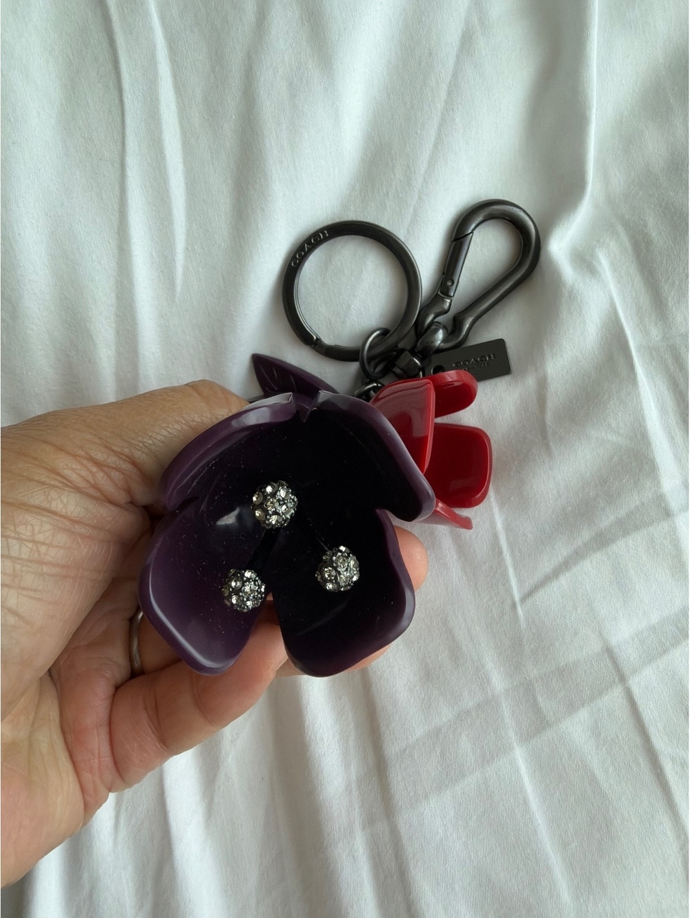 Coach Resin Tea Rose Tulip Bag Charm Keychain Discontinued Purple Red Gunmetal - Picture 2 of 5